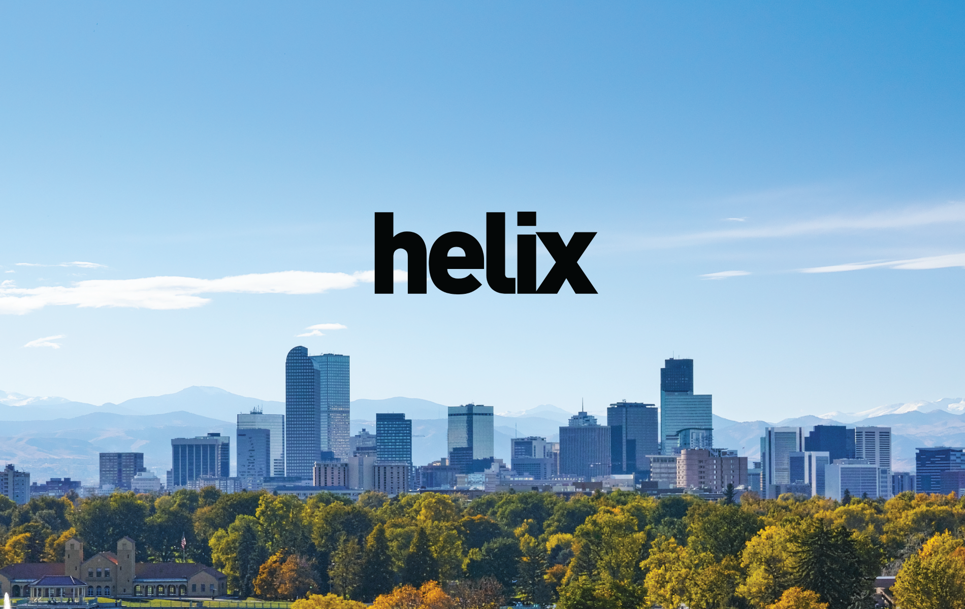 Denver skyline with Helix logo on top of it